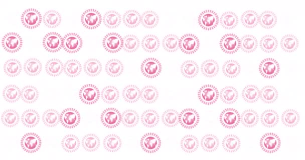 白い背景に輝く複数のピンクの地球のロゴのアニメーション 乳がん認知キャンペーンのコンセプトデジタル生成ビデオ — ストック動画