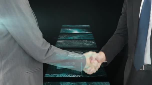 Animation Screens Data Processing Businessman Handshake Global Business Success Connections — Vídeos de Stock