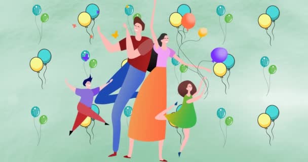 緑の背景で遊ぶ幸せな家族のアニメーション 幸せな家族愛と支援の概念デジタルで生成されたビデオ — ストック動画