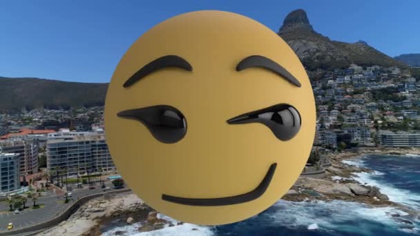 Composizione Digitale Emoji Volto Cambiando Contro Vista Aerea Della Spiaggia — Video Stock