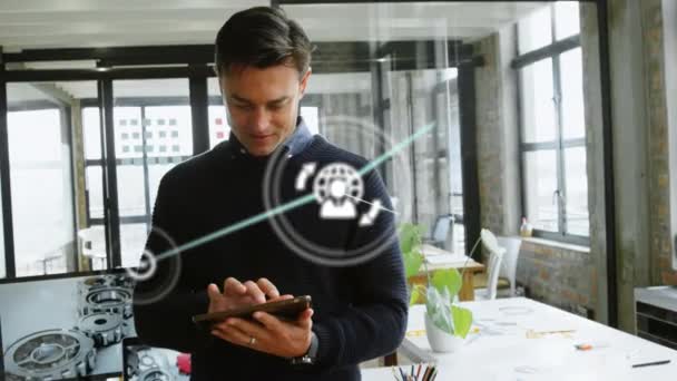 Network Digital Icons Caucasian Businessman Using Digital Tablet Office Global — Stock Video