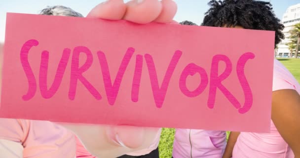 Animation Pink Ribbon Logo Survivor Text Diverse Group Smiling Women — Stock Video