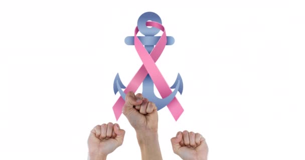 Animación Del Logotipo Cinta Rosa Con Texto Cáncer Mama Sobre — Vídeos de Stock