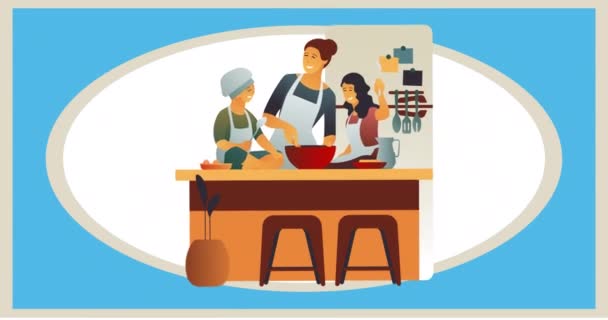 Zusammensetzung Der Familienküche Auf Blauem Hintergrund Glückliche Familie Liebe Und — Stockvideo