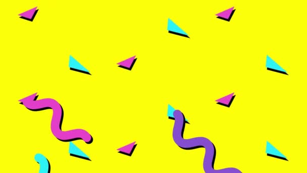 Animación Garabatos Triángulos Púrpura Rosa Verde Moviéndose Sobre Fondo Amarillo — Vídeos de Stock