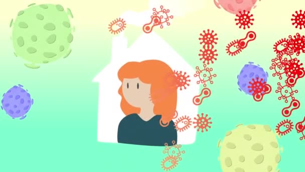 Animación Covid Celdas Sobre Mujer Casa Global Covid Concepto Pandémico — Vídeo de stock