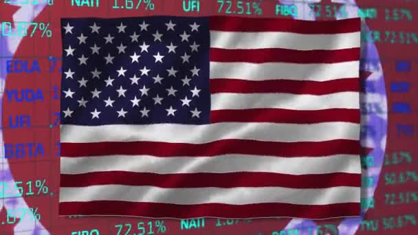 Animacja Amerykańskiej Flagi Giełdy Nad Amerykańskimi Gwiazdami Flagowymi Kolorowe Kółkach — Wideo stockowe