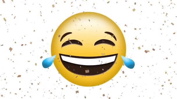 Digital Animation Confetti Falling Laughing Face Emoji White Background Expression — Stock Video