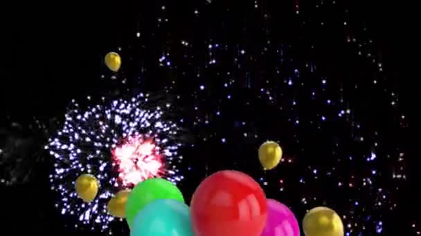 黒い背景に浮かぶカラフルな複数の花火や風船のアニメーション パーティーやお祝いのコンセプト — ストック動画
