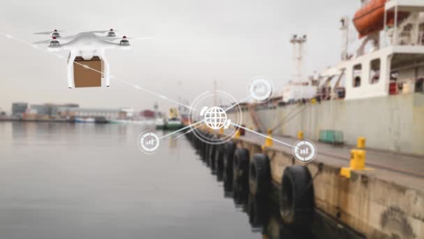 与图标连接的网络动画 在带有邮包的无人机上传送 全球航运 数据处理和技术概念 — 图库视频影像