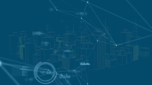 针对3D城市模型在蓝色背景下旋转的连接网络的数字动画 全球联网和建筑工程技术概念 — 图库视频影像