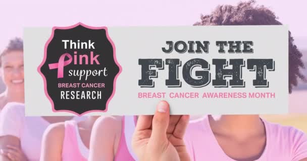 Animation Pink Ribbon Logo Breast Cancer Text Group Diverse Group — Stock Video