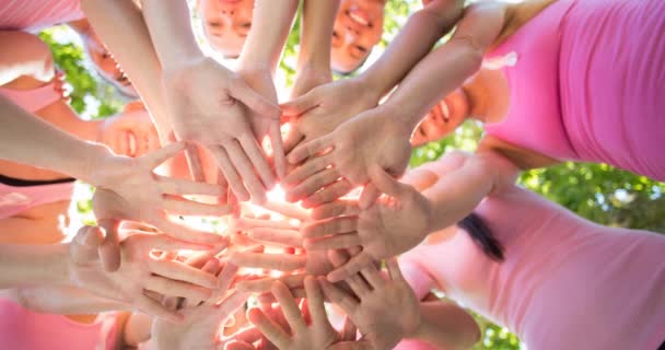 Diverse Group Smiling Women Touching Hands Outdoors Sun Breast Cancer — Stock Video