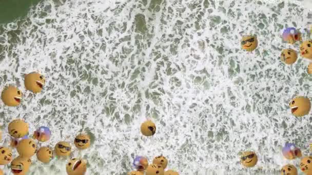 Digitale Komposition Mehrerer Gesichtsemojis Die Gegen Wellen Aus Der Luft — Stockvideo