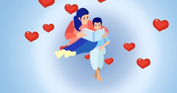 Composición Familia Abrazando Sobre Iconos Del Corazón Familia Feliz Amor — Vídeo de stock