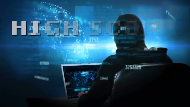 Animáció Magas Pontszámot Szöveg Adatfeldolgozás Hacker Számítógép Segítségével Videojáték Szórakoztatás — Stock videók