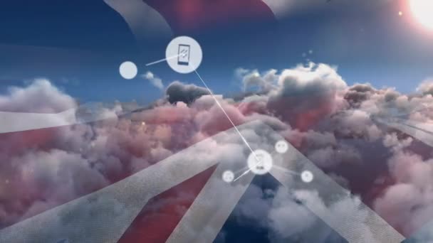 Анимация Сети Соединений Иконками Над Облаками Глобальный Бизнес Связи Цифровой — стоковое видео