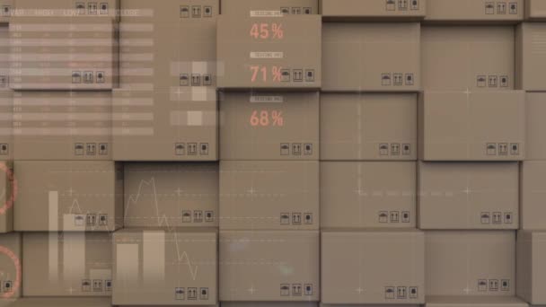 在纸板箱堆栈上动画财务数据处理 全球航运 数据处理和数字视频接口概念 — 图库视频影像