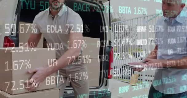 倉庫の外に車をロード配達人以上の財務データ処理のアニメーション 世界中の出荷 接続の概念デジタル生成ビデオ — ストック動画