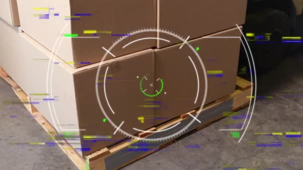 Animación Del Escaneo Del Visor Sobre Cartones Fábrica Conexiones Globales — Vídeos de Stock