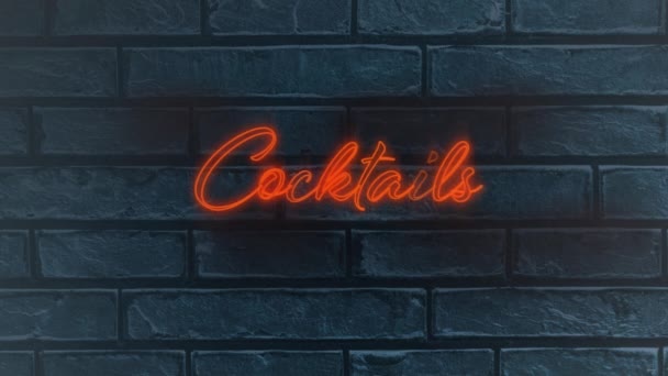 Neon Orange Cocktail Text Grey Brick Wall Background Night Life — Stock Video