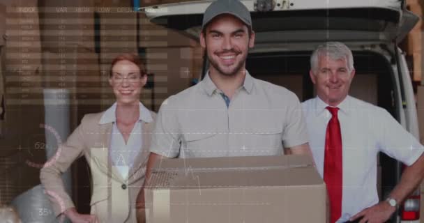 Animatie Van Statistieken Financiële Gegevensverwerking Bezorger Bestelwagen Global Shipping Delivery — Stockvideo