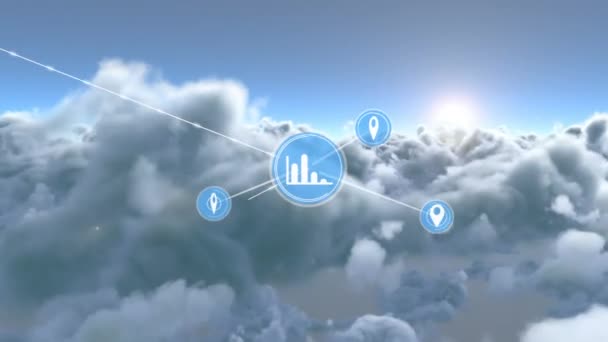 Animatie Van Netwerken Van Verbindingen Met Iconen Boven Wolken Lucht — Stockvideo