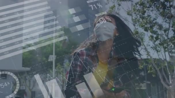 Animering Statistik Och Databehandling Över Kvinna Bär Ansiktsmask Global Covid — Stockvideo