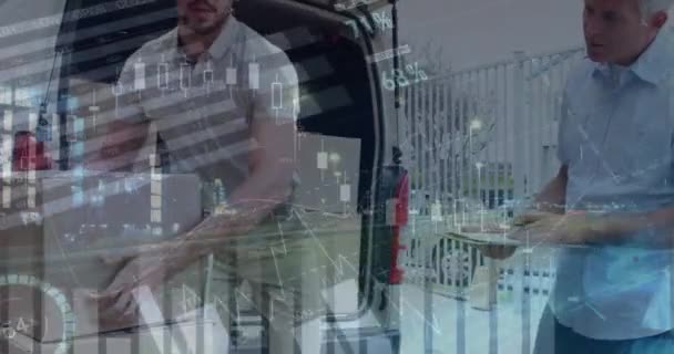 Animation Financial Data Processing Delivery Man Loading Car Out Warehouse — Αρχείο Βίντεο