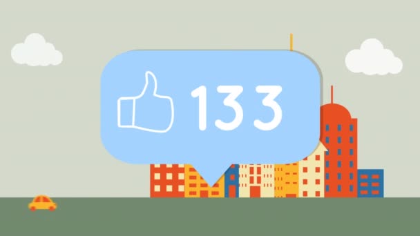 背の高い建物に対して道路上の車両上の音声バブルの増加数とアイコンのように ソーシャルメディアネットワークとテクノロジーの概念 — ストック動画
