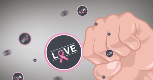 Animation Pink Breast Cancer Ribbon Logo Love Text Fists Breast — Stock Video