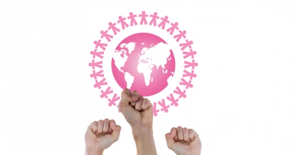 Animation Multiple Pink Globe Logo Raised Fsts Концепция Кампании Повышению — стоковое видео