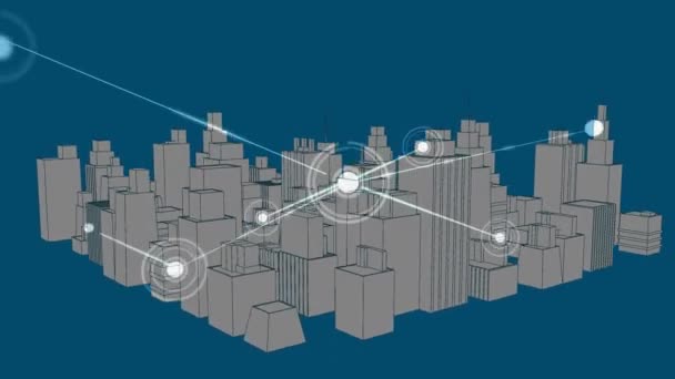 Cyfrowa Animacja Sieci Połączeń Tle Wirującego Niebieskim Tle Modelu Miasta — Wideo stockowe