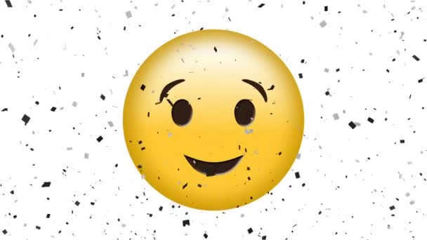 Animatie Van Zwarte Confetti Vallen Vrolijke Knipogende Emoji Witte Achtergrond — Stockvideo