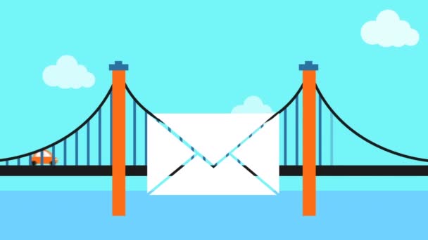 Digital Animation Message Icon Vehicles Bridge Blue Sky Social Media — Stock Video