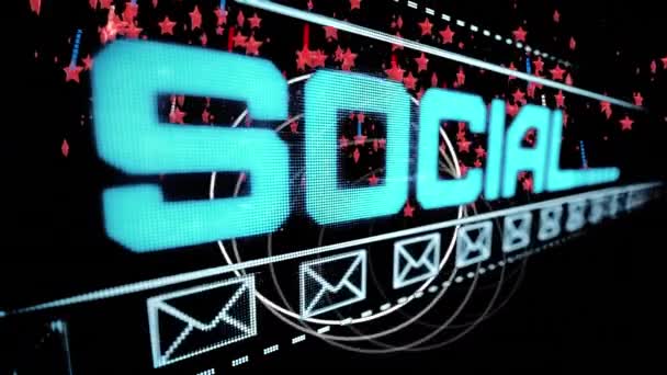 Animation des réseaux sociaux textuels et des icônes e-mail sur les étoiles et points rouges, blancs et bleus qui tombent. concept de communication, patriotisme et réseautage social vidéo générée numériquement.
