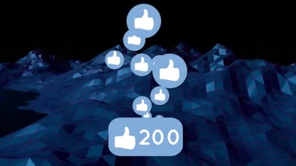 黒い背景に回転する青い3D構造上の数が増えているアイコンのように ソーシャルメディアネットワークとテクノロジーの概念 — ストック動画