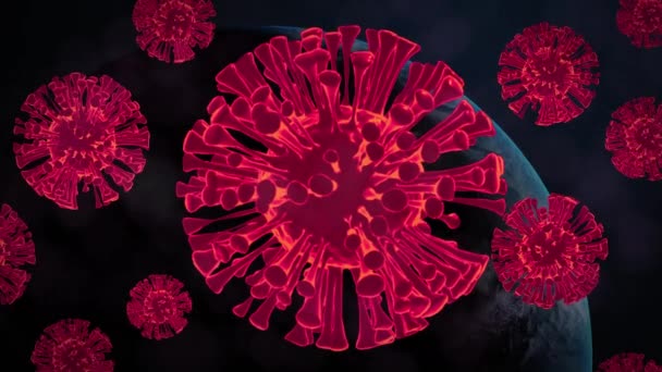 Mehrere Rote Covid Zellen Die Über Einem Sich Drehenden Globus — Stockvideo