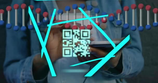 Neon Code Scanner Dan Struktur Dna Berputar Melawan Bagian Tengah — Stok Video