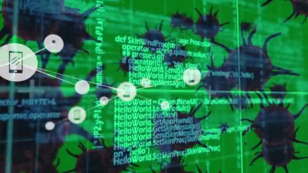 緑の背景に複数のCovid 19細胞に対するデジタルアイコンとデータ処理のネットワーク コロナウイルスCovid 19パンデミックの概念 — ストック動画