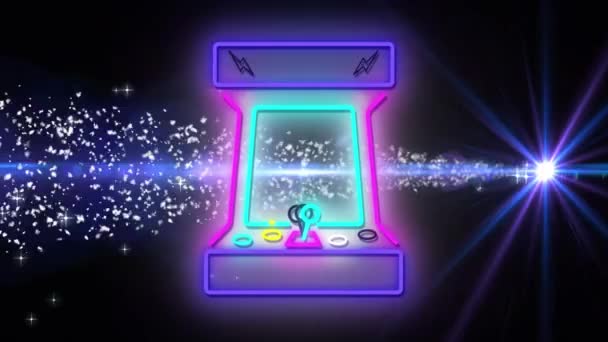 Animatie Van Neon Arcade Machine Sneeuw Sterren Zwarte Achtergrond Video — Stockvideo