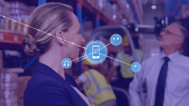 Animation Network Connections Icons Smiling Woman Working Warehouse Global Shipping — Stock Video