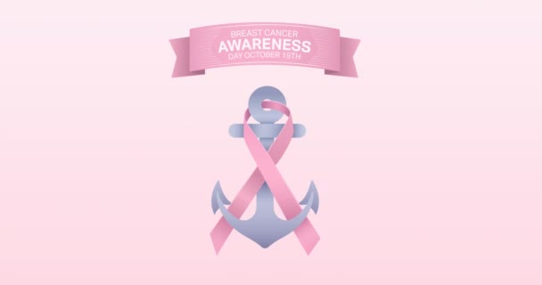 Animation Pink Ribbon Anchor Logo Breast Cancer Text Appearing Pink — Stock Video