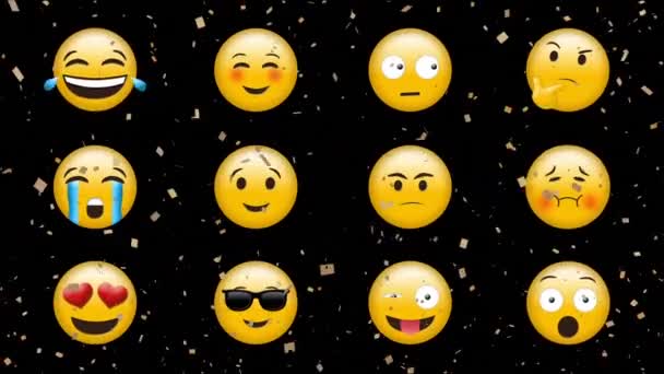 Animación Digital Confeti Dorado Que Cae Sobre Múltiples Emojis Faciales — Vídeo de stock