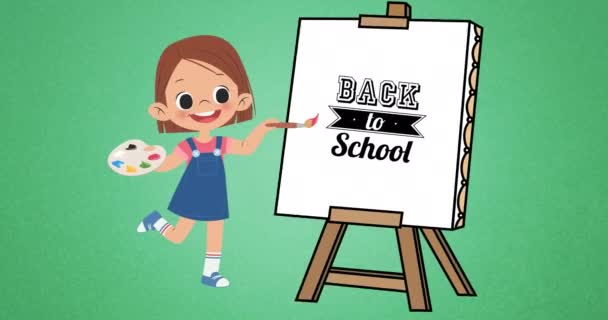 Animatie Van Digitale Schoolmeisje Schilderij Terug Naar School Tekst Ezel — Stockvideo