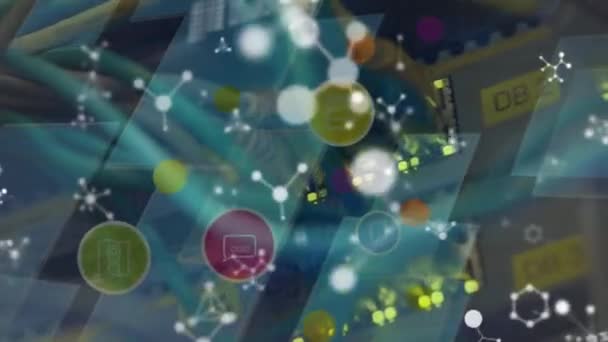 Animering Digitala Ikoner Och Molekyler Över Datorservrar Globala Anslutningar Digitalt — Stockvideo