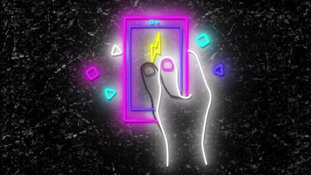 Animatie Van Hand Met Smartphone Neon Donkere Achtergrond Video Game — Stockvideo