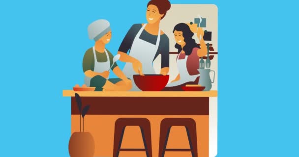 Sammansättning Familjens Matlagning Blå Bakgrund Lycklig Familj Kärlek Och Stöd — Stockvideo