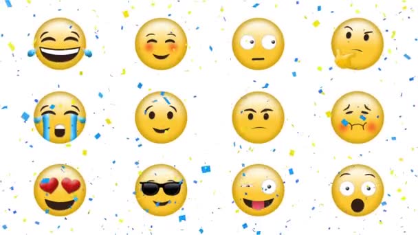 Digital Animation Confetti Falling Multiple Face Emojis White Background Expression — Vídeos de Stock