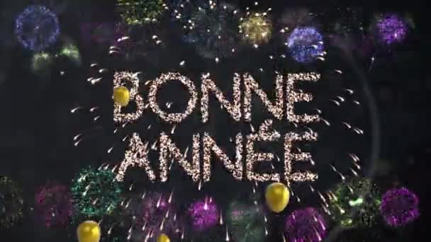 Animatie Van Vuurwerk Ballonnen Bonne Annee Tekst Zwarte Achtergrond Feest — Stockvideo